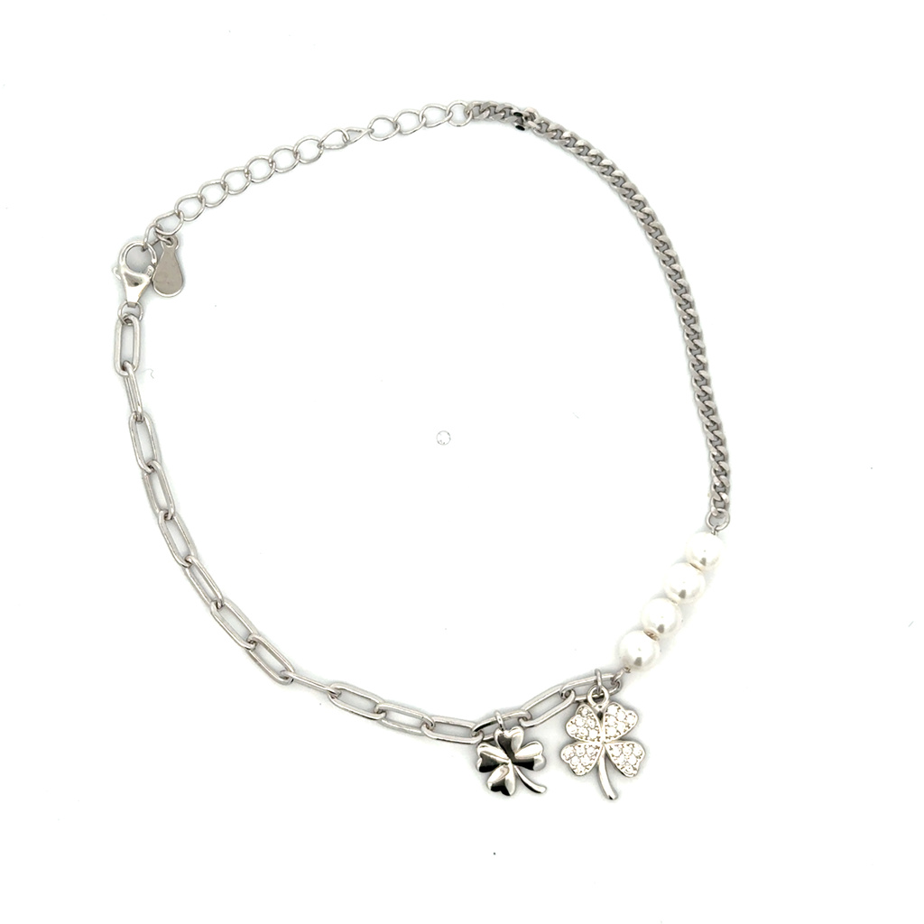 Stříbrný náramek s perličkami se čtyřlístky 17+3cm