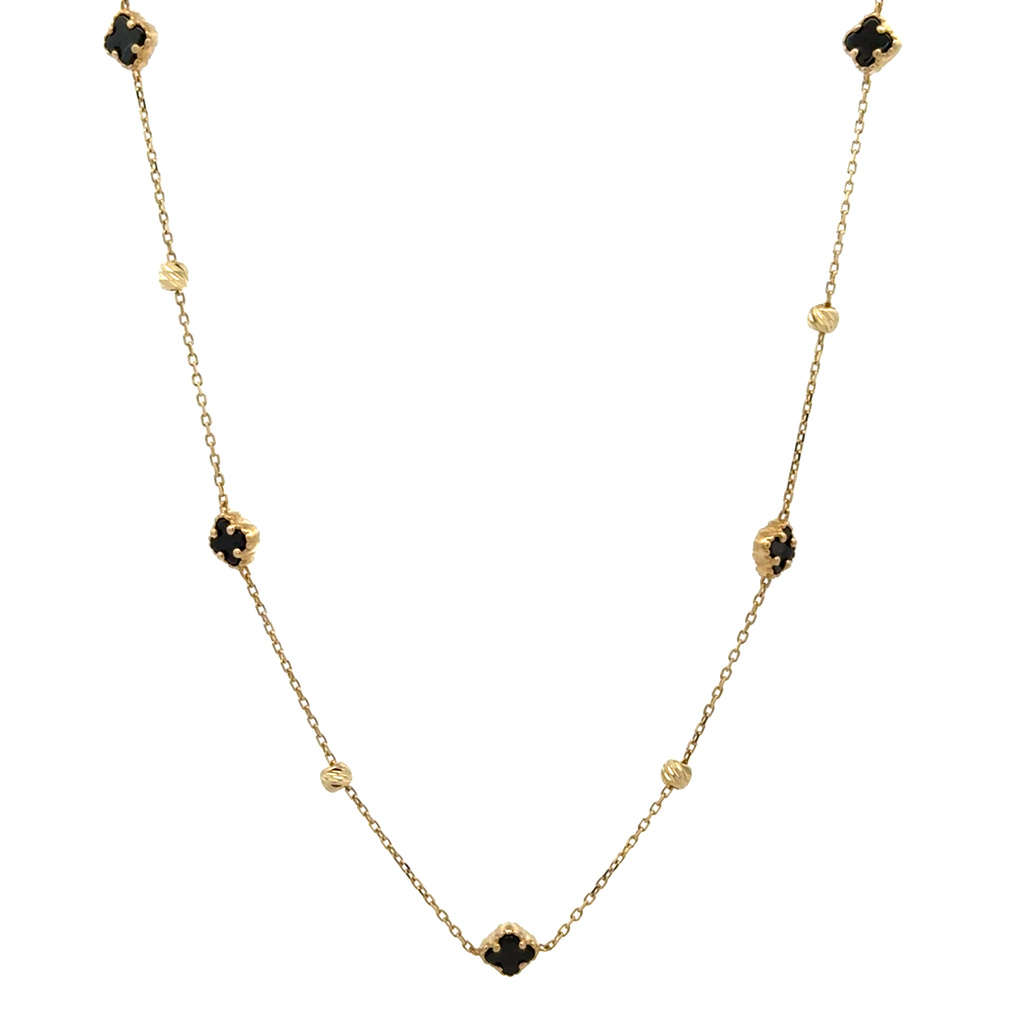 Žluté zlato náhrdelník VC s onyxem a kuličkami 42+3cm