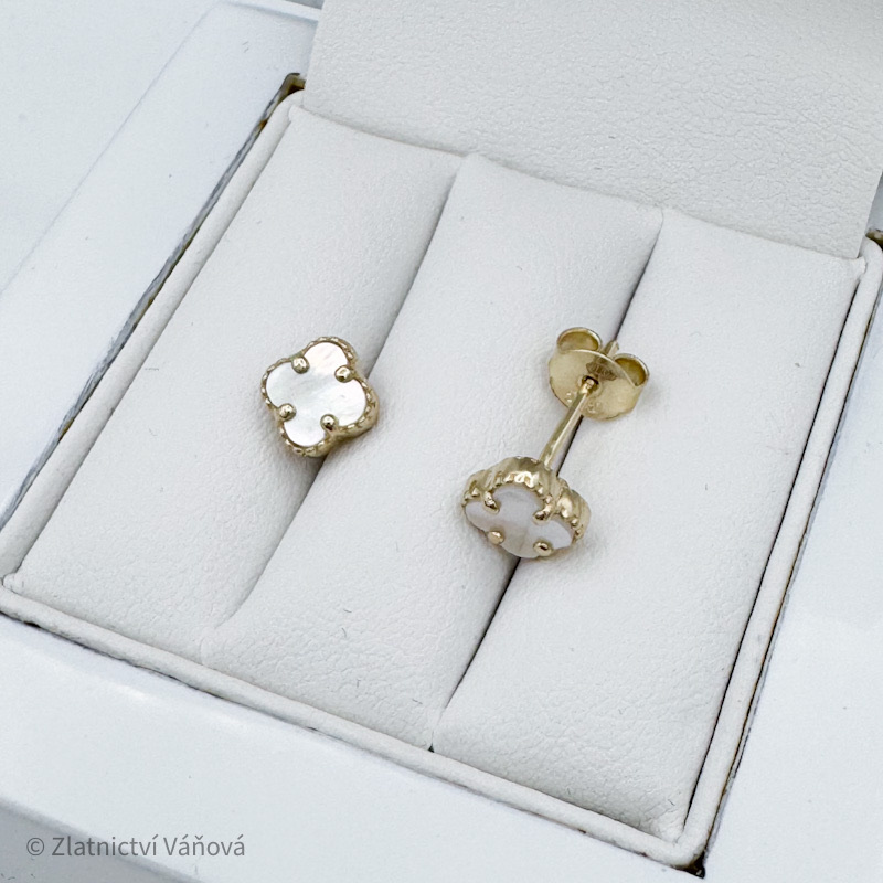 Žluté zlato náušnice VC s perletí na puzetu