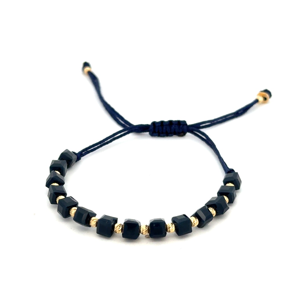 Žluté zlato náramek šňůrkový tmavě modrý s kuličkami