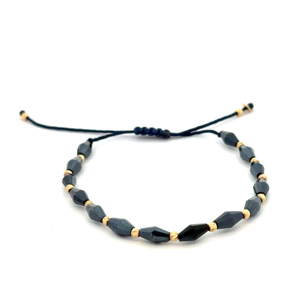 Žluté zlato náramek tmavě modrý s kuličkami na šňůrce