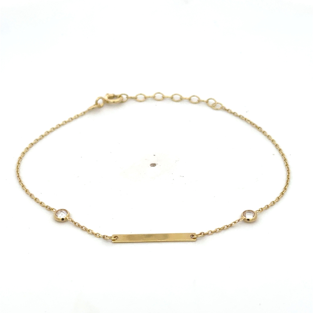 Žluté zlato náramek s destičkou s zirkony 17,5+3cm