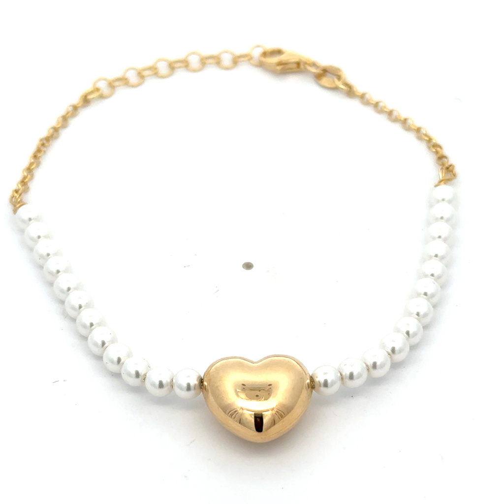 Stříbrný pozlacený náramek s perličkami a SRDCEM 18+3cm