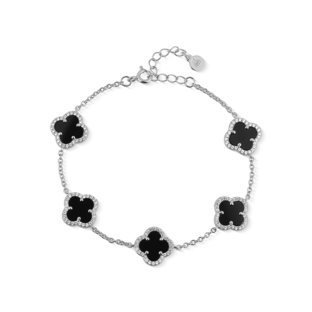 Stříbrný náramek ČTYŘLÍSTEK VC s onyxem a zirkony 18+3cm