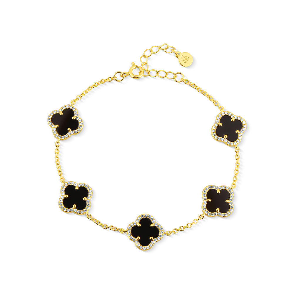 Stříbrný pozlacený náramek ČTYŘLÍSTEK VC s onyxem a zirkony 18+3cm