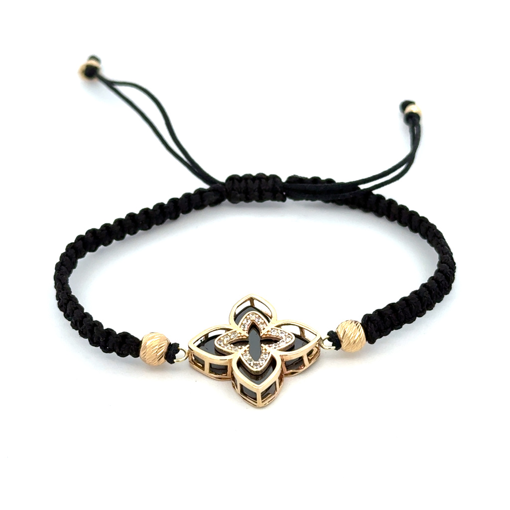 Žluté zlato šňůrkový náramek s onyxem a zirkony