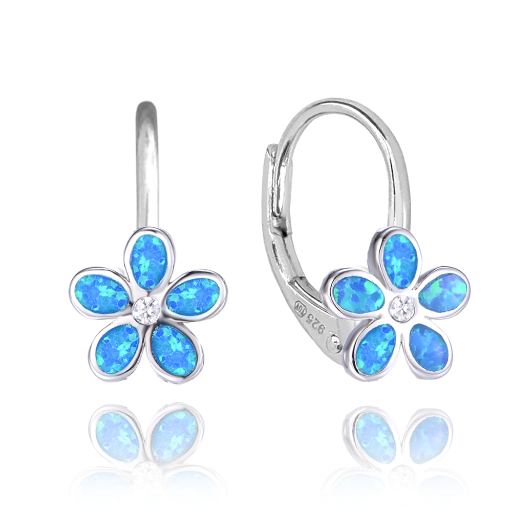 MINET Třpytivé dětské stříbrné náušnice KYTIČKY s modrými opálky a zirkonem
