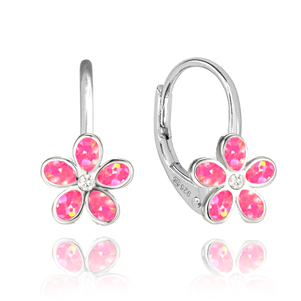 MINET Třpytivé dětské stříbrné náušnice KYTIČKY s růžovými opálky a zirkonem