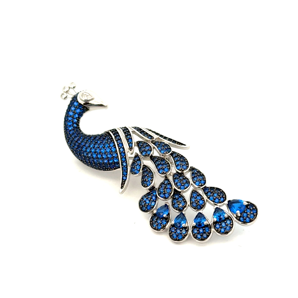 Stříbrná brož PÁV modrá