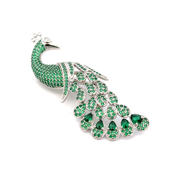 Stříbrná brož PÁV zelený