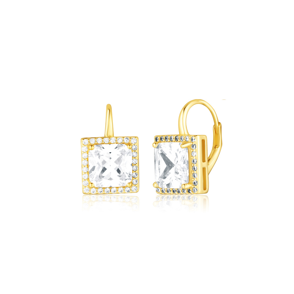 Stříbrné pozlacené náušnice se zirkony do čtverce na klapku