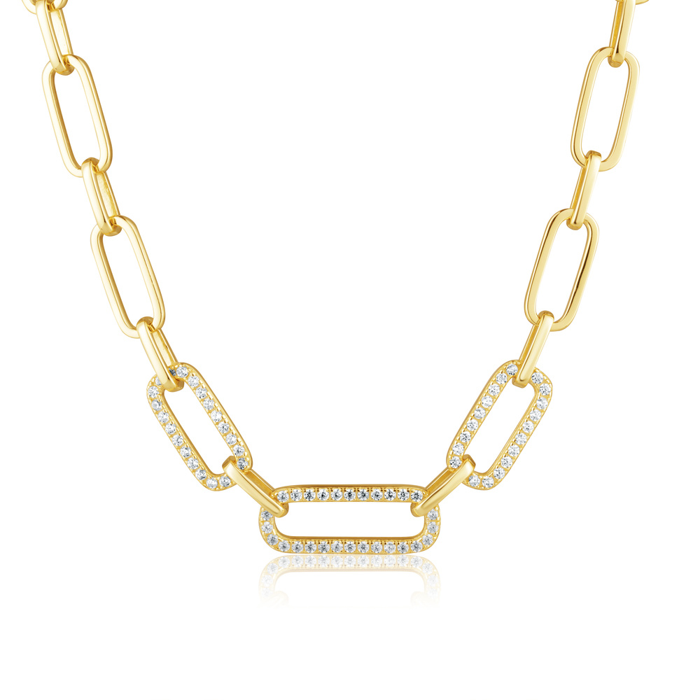 Stříbrný pozlacený geometrický náhrdelník se zirkony 45+6cm