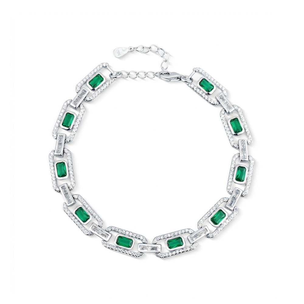 Stříbrný náramek se zelenými zirkony 18+3cm