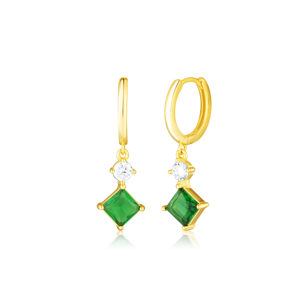 Stříbrné pozlacené náušnice kroužky s přívěskem - zelený zirkon