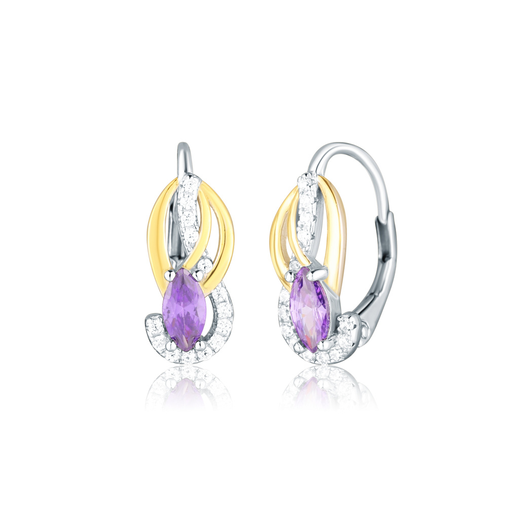 Stříbrné náušnice s pozlacením a fialovým zirkonem na klapku