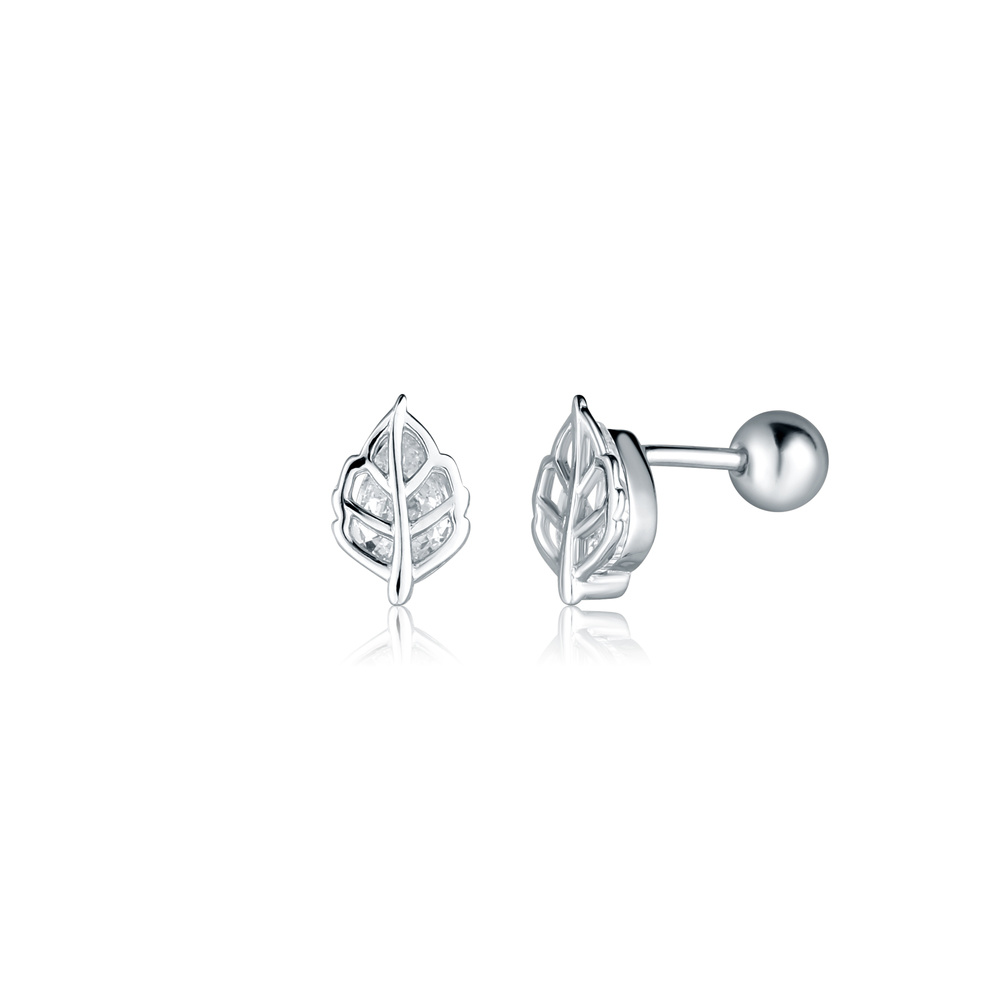 Stříbrné náušnice LIST se zirkony, šroubek