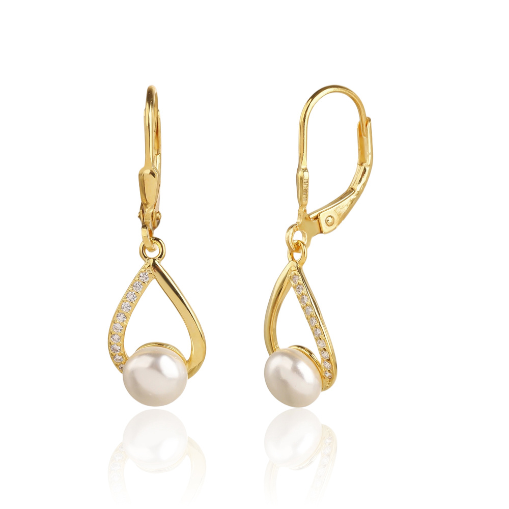 Stříbrné pozlacené visací náušnice s perlou