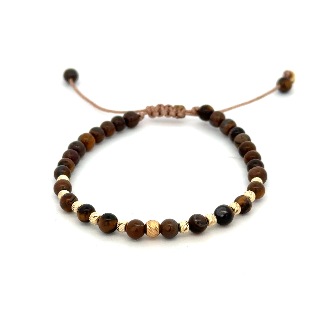 Šňůrkový náramek se zlatými kuličkami a minerálními kuličkami TYGŘÍ OKO