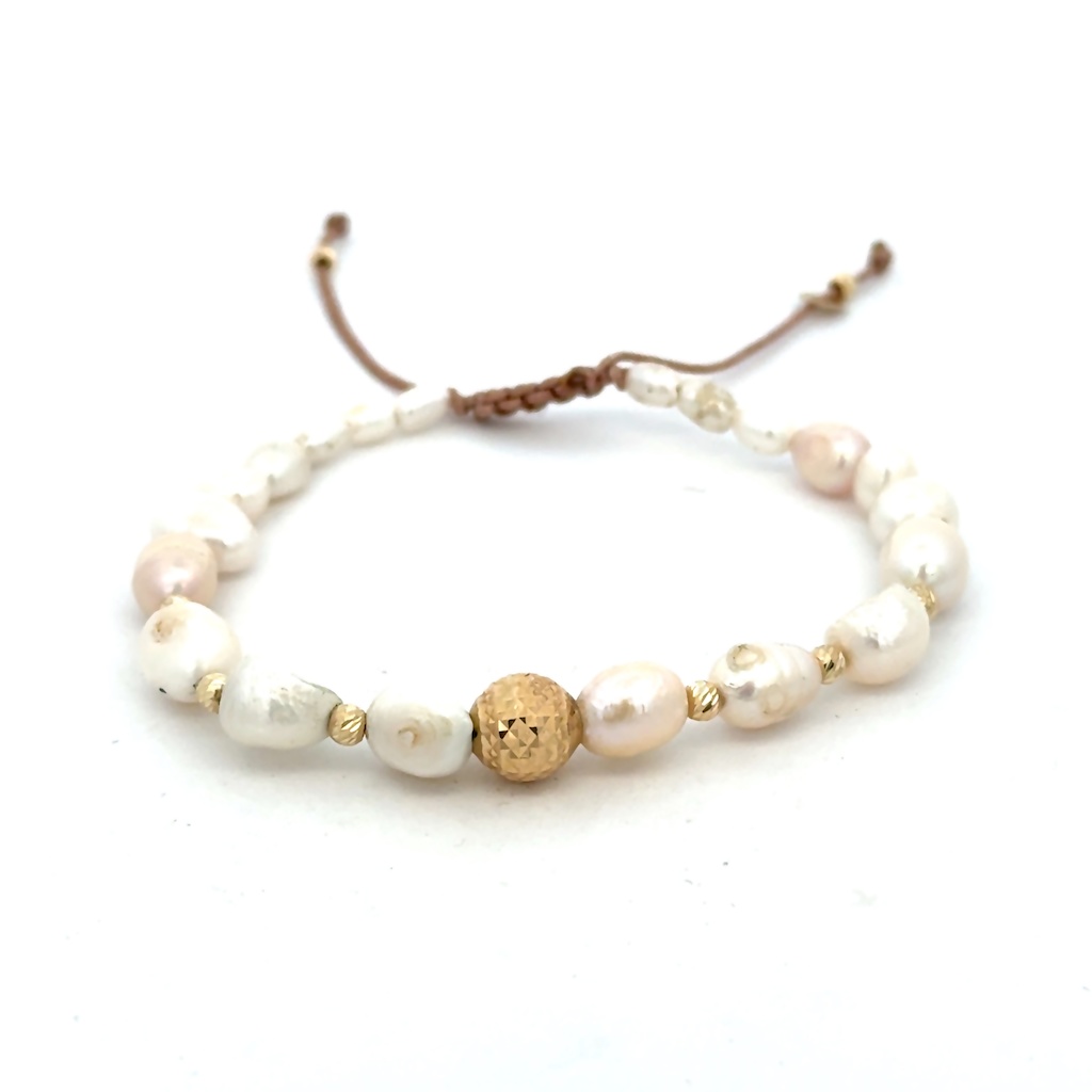 Šňůrkový náramek se zlatými kuličkami a perlami