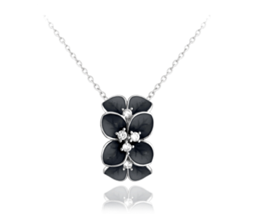 Černý rozkvetlý stříbrný náhrdelník MINET FLOWERS se zirkony
