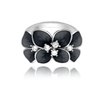 Černý rozkvetlý stříbrný prsten MINET FLOWERS s bílými zirkony