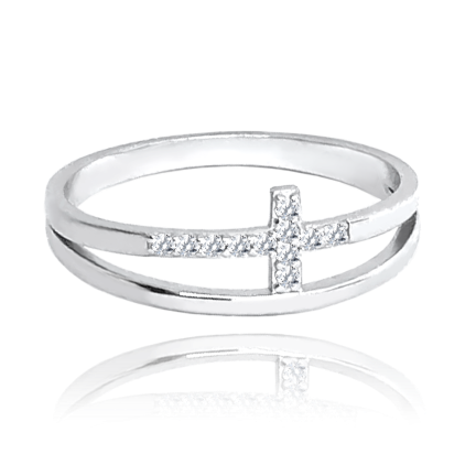 MINET Dvojitý stříbrný prsten KŘÍŽEK s bílými zirkony