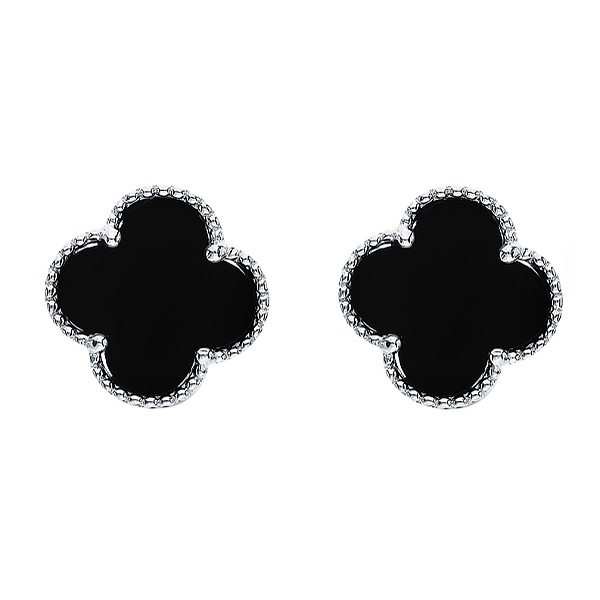 Stříbrné náušnice ČERNÝ ČTYŘLÍSTEK na puzetu