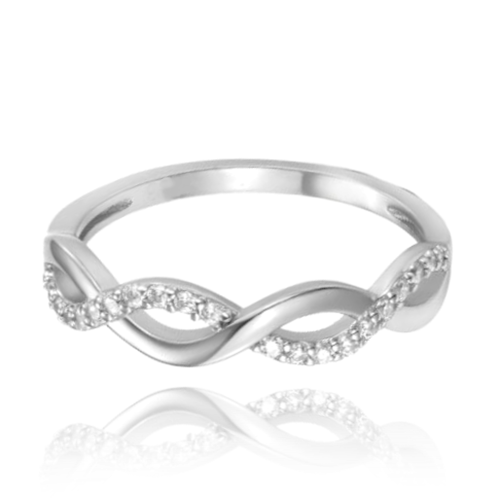 MINET Překřížený stříbrný prsten s bílým zirkonem