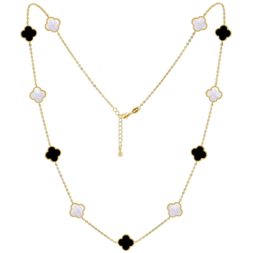 MINET Pozlacený stříbrný náhrdelník ČTYŘLÍSTKY s bílou perletí a onyxem