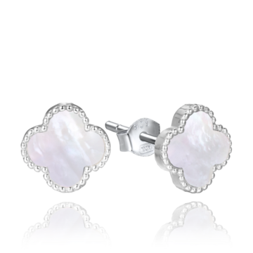 MINET Stříbrné náušnice čtyřlístky s bílou perletí